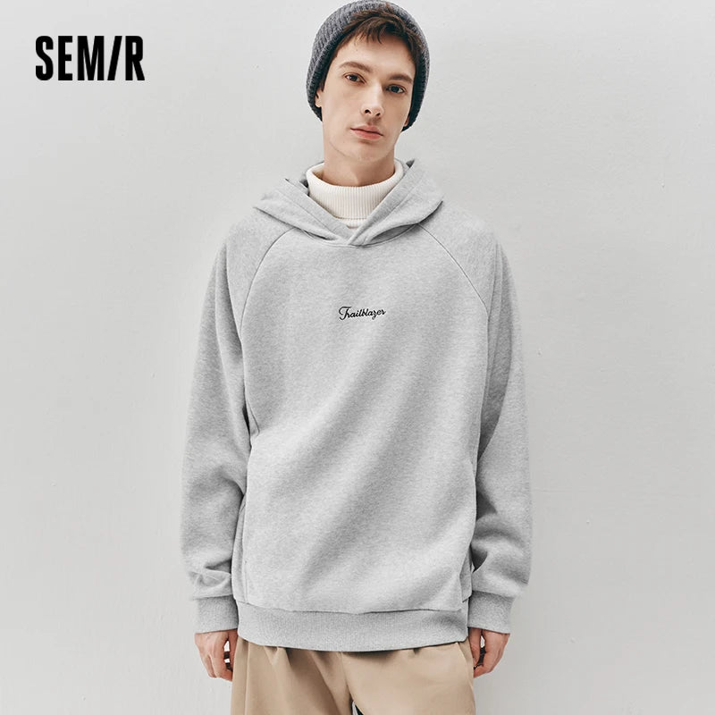 Semir Men Hoodie Fleece Lined Embroidered Detail Hooded Design Loose Fit Minimal Style 2026 Winter Everyday Wear Soft Comfort