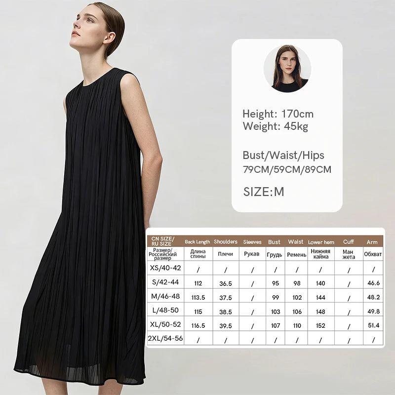 Amii Sleeveless Women's Dress 2026 Summer New Round Neck Tie Pleated Midi Dress Loose Fit Casual Elegant Woman Clothes 12622203