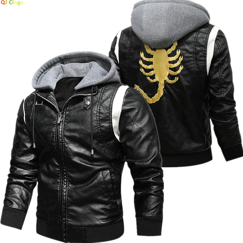 European and American-style Men's White Faux Leather Jacket; Black Hooded PU Motorcycle Coat with A Detachable Hood.