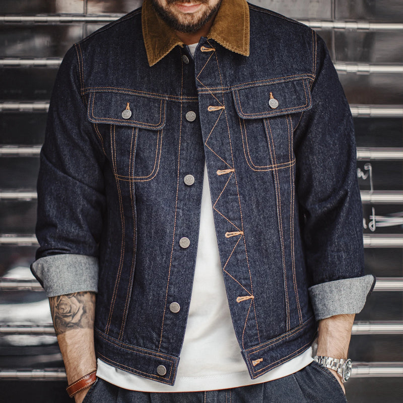 អាវក្រៅ Denim បុរស Maden អាវក្រៅ Corduroy កអាវធំ សមល្មម ខោ Denim បោកគក់ធ្ងន់ អាវក្រៅធ្វើការ រដូវស្លឹកឈើជ្រុះធម្មតា