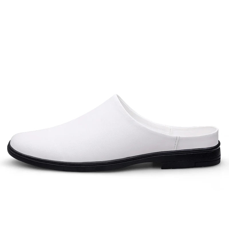 Summer Fashion Half Shoes Men Casual Comfortable Leather Shoes Half Slippers Solid White Slip On