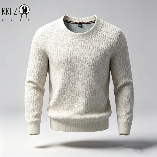 Male Warm Knitted Pullover Round Neck Full Body Letter Pattern Lightweight Fabric Long Sleeve Tops For Daily Social Wear
