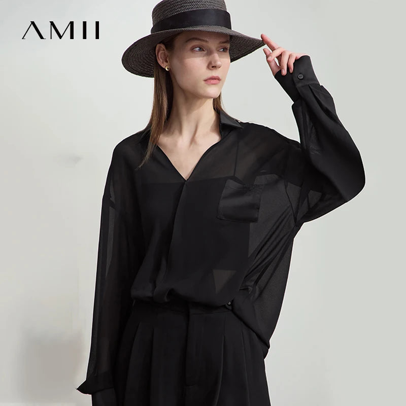 Amii Women 2026 Summer Chiffon Shirts Loose Solid V-neck Dropped Shoulder Long Sleeves Thin See Through Loose Blouse 12512024