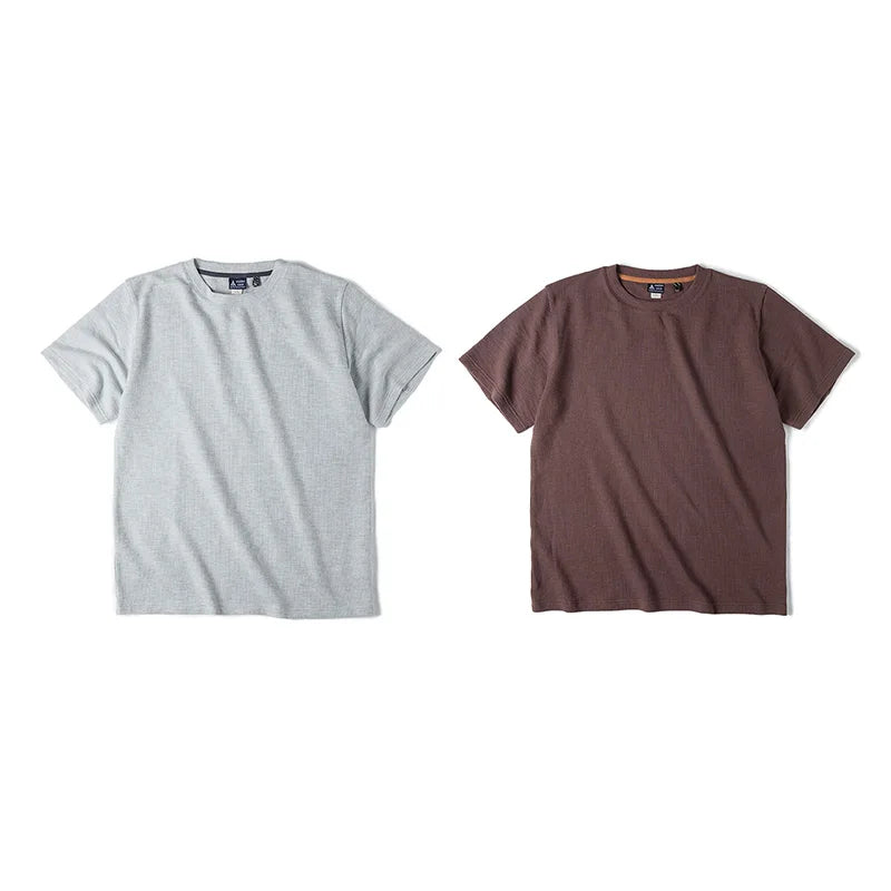 Maden Summer Men's O-Neck Waffle T-Shirt Solid Color Short Sleeve Top Comfortable and Breathable Tees Off White Soft T-shirts