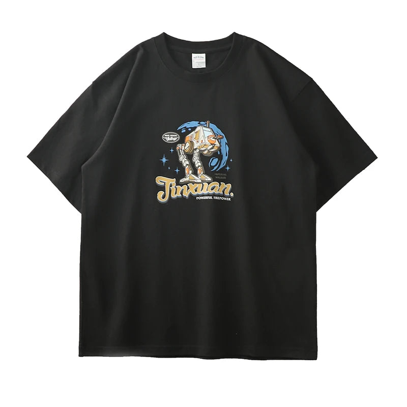 Dukeen 320g Heavyweight Oversized Short-Sleeved T Shirt Men Summer Plus Size Cotton Robot Printing Tees Couples