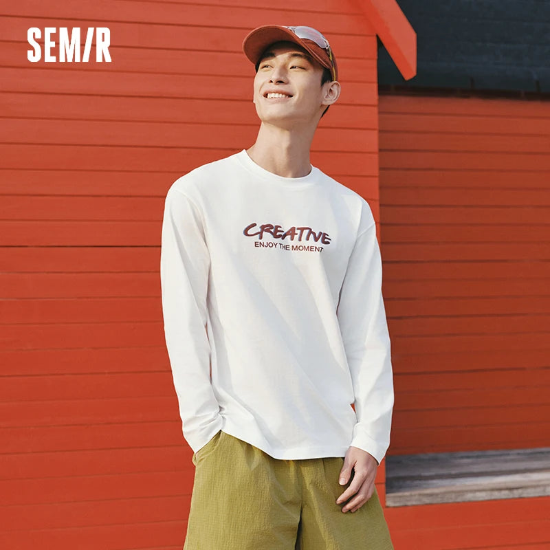Semir Cotton Tshirt Men 2026 Spring Letter Print Crew Neck Couple Style Casual Black Basic Comfortable Inner Layer Top