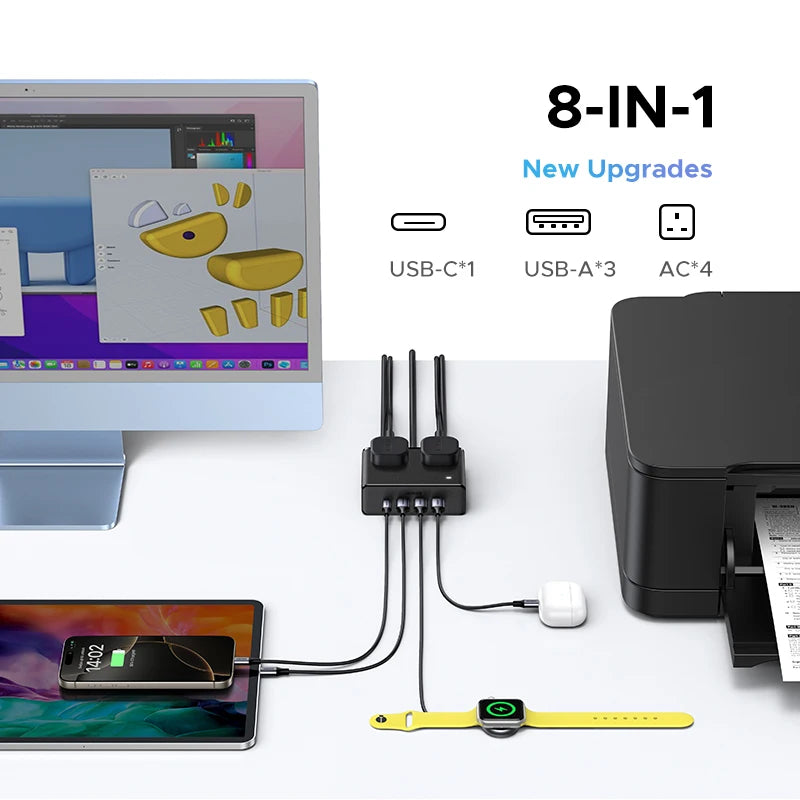UGREEN 8 in 1 Power Strip 4 AC Outlets 3 USB-A 1 USB-C 1875W 15A 125V Surge Protector Short Circuit PC Material Indicator Light