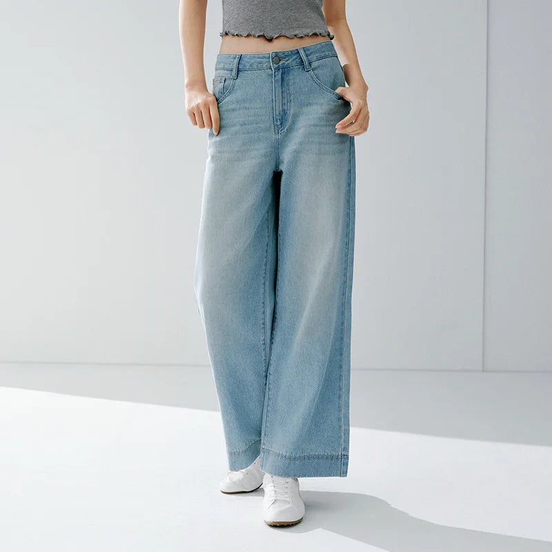 Semir Women Jeans 2026 Summer New Lace Waistband Cool Feeling Wide Leg Fashion Simple Slim Fit Long Pants