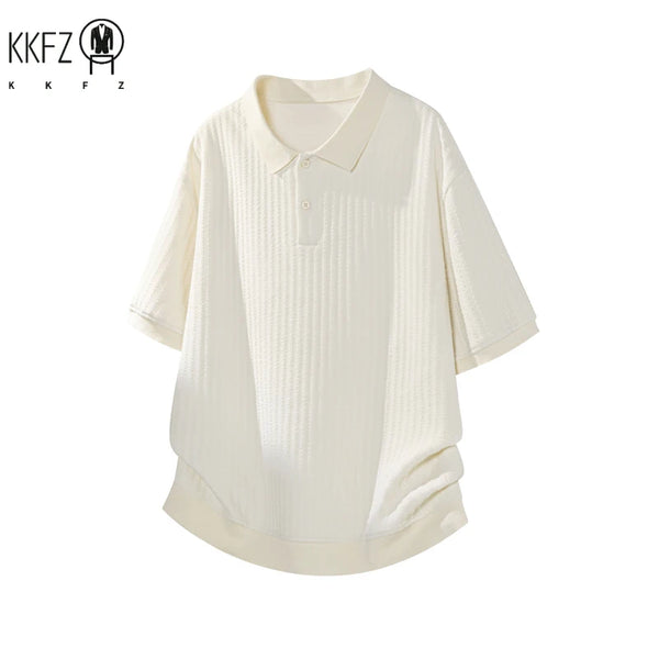 Mens Oversized Polo Short Sleeve Top Vertical Rib Jacquard Texture Lapel Collar For Casual Commute Leisure Daily Wear