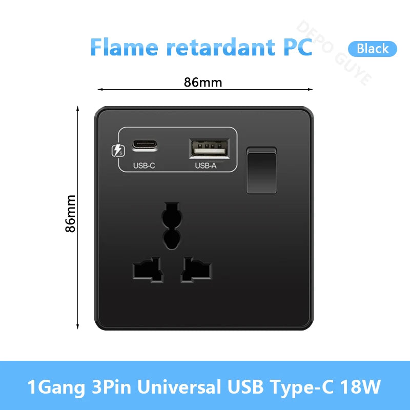 Universal Black USB Type-C 18W Smart Fast Charging Socket Double 5-pin Power Plug,UK  Electrical Internationa Wall Light Switch