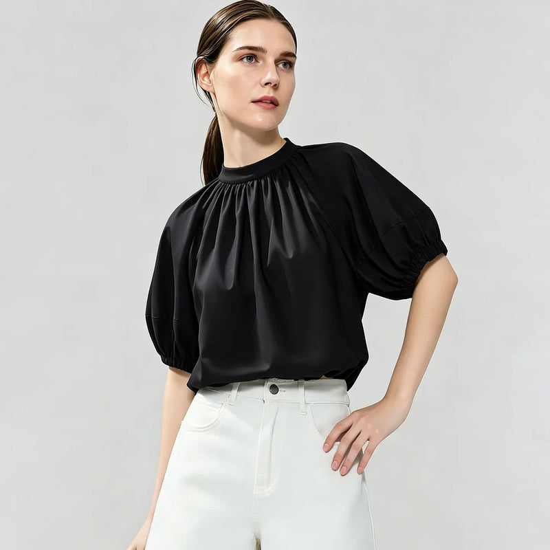 Amii Women's Shirt 2026 Summer New Stand Collar Lantern Dolman Sleeve 100% Cotton Blouse Loose Casual Short Top Female 12642176