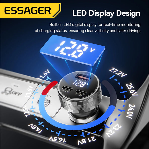 ឆ្នាំងសាករថយន្ត Essager 108W 3 រន្ធ USB ឌីជីថល PD3.0 សាកថ្មលឿន Quick Charge 3.0 Adapter សម្រាប់ iPhone 16 15 Xiaomi Samsung