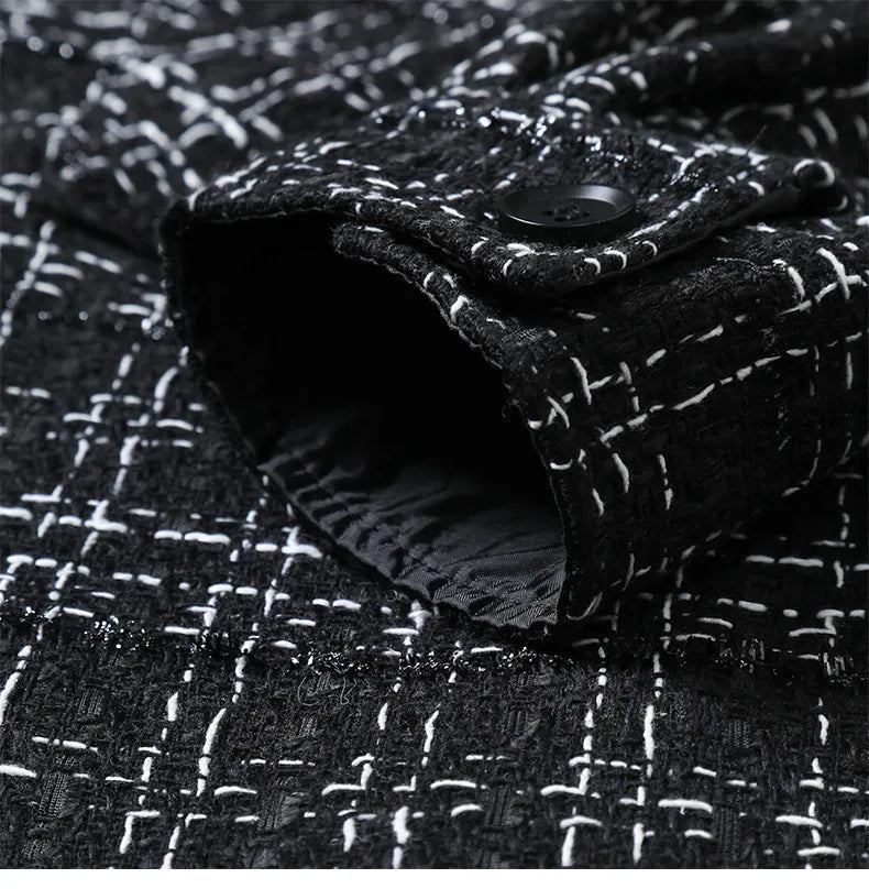 Men's Black Striped Long-sleeve Jacket for Spring and Fall; White Checkered Single-breasted Lapel Coat; Unisex Loose-fit Top.