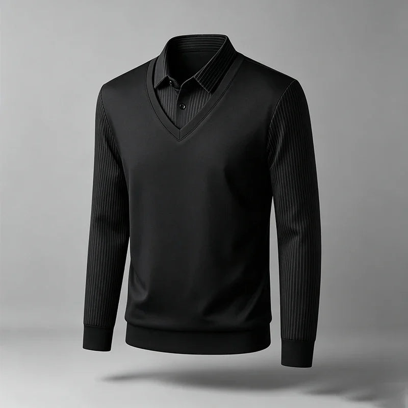 Men Fake Two Piece Long Sleeve Top V Neck Ribbed Sleeve Shirt Collar For Business Office Daily Commute Casual Outfits