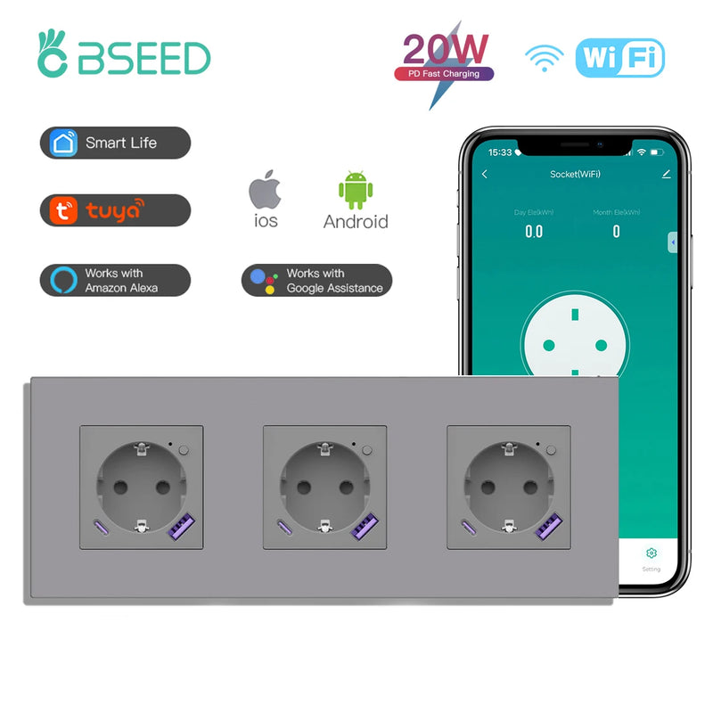 BSEED WIFI Smart Socket With 20W Fast Charge Port Plastic Frame Smart Wall Socket USB Type-C Port Tuya Smart Life Control