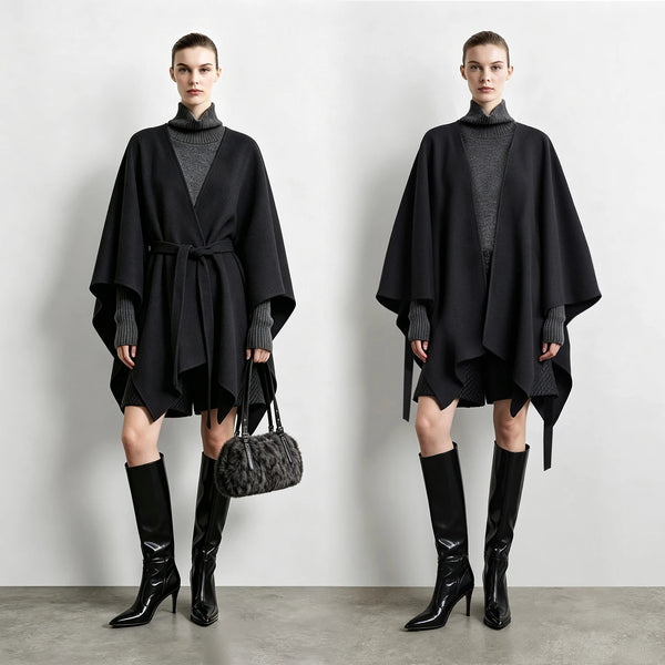 Amii Double-Faced Wool Coat Dolman Cape V-Neck Belted Oversized Minimalist Commuter 2026 Winter Women Coats 12654017