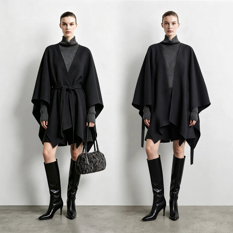 អាវរោមចៀម Amii មុខពីរ Dolman Cape V-Neck Belted Oversized Minimalist Commuter អាវធំរដូវរងាសម្រាប់ស្ត្រីឆ្នាំ ២០២៦ 12654017