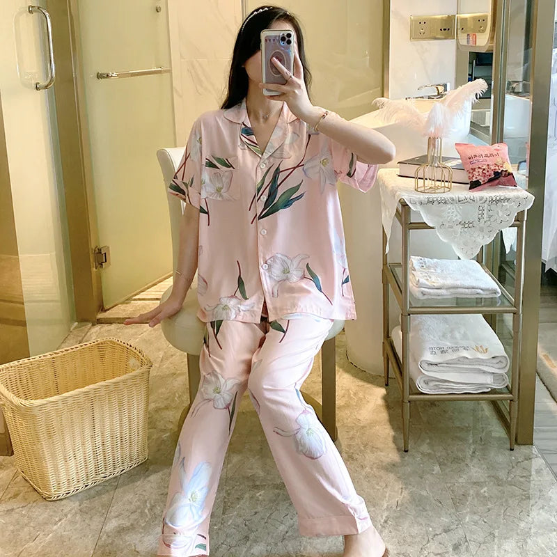 Floral Short Sleeve Sleepwear Female Nightwear Pyjamas Women Summer Pajamas Lapel Top Trousers Home Suit Loungewear Set Pijama
