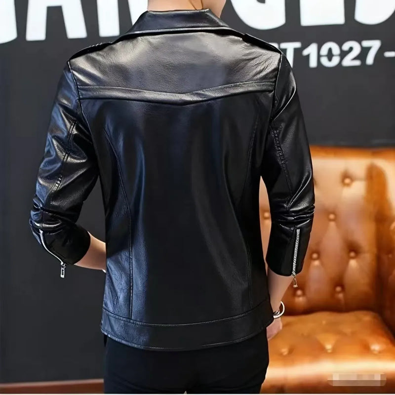 Spring Men's Long-Sleeve Synthetic Leather Jacket, Black and White Color-Blocked Decorative PU Outerwear, Fashionable Biker Coat
