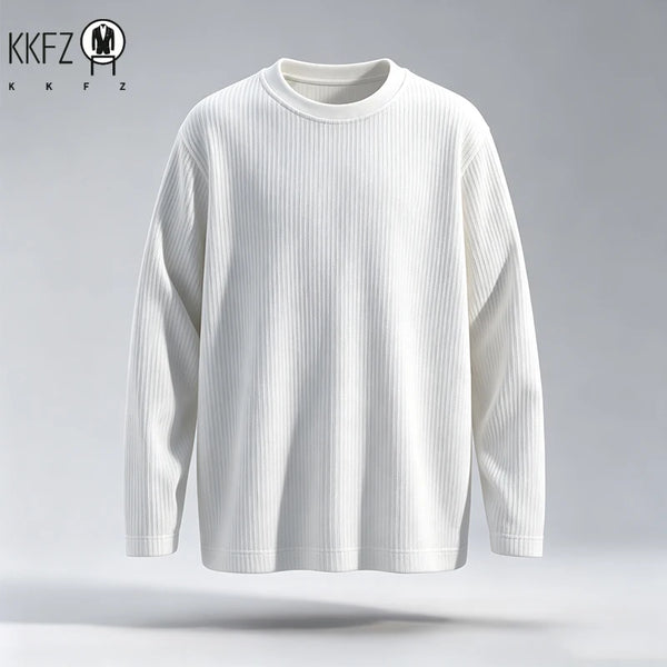 Men Casual Ribbed Texture Long Sleeve T Shirt Round Neck Relaxed Fit Soft Knit Male Daily Wear Top