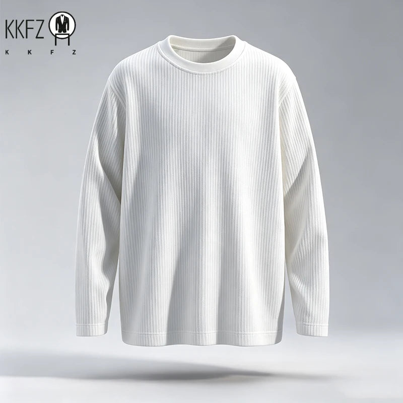 Mens Oversized Crew Neck Knit Top Vertical Ribbed Fabric Long Sleeve Relax Cut Daily Casual Wear Shirt