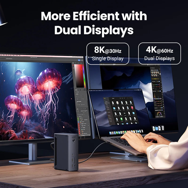 UGREEN Thunderbolt 4 Dock with EU Adapter 13-in-1 40Gbps Docking Station Dual 4K60Hz Single 8K30Hz 2.5G Ethernet for Laptop Mac