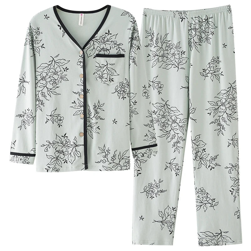 Spring Autumn O-Neck Pyjamas Female Pajamas Sets Elegant Floral Japanese Kimonos For Women Big Yards M-3XL Cotton Home Clothes