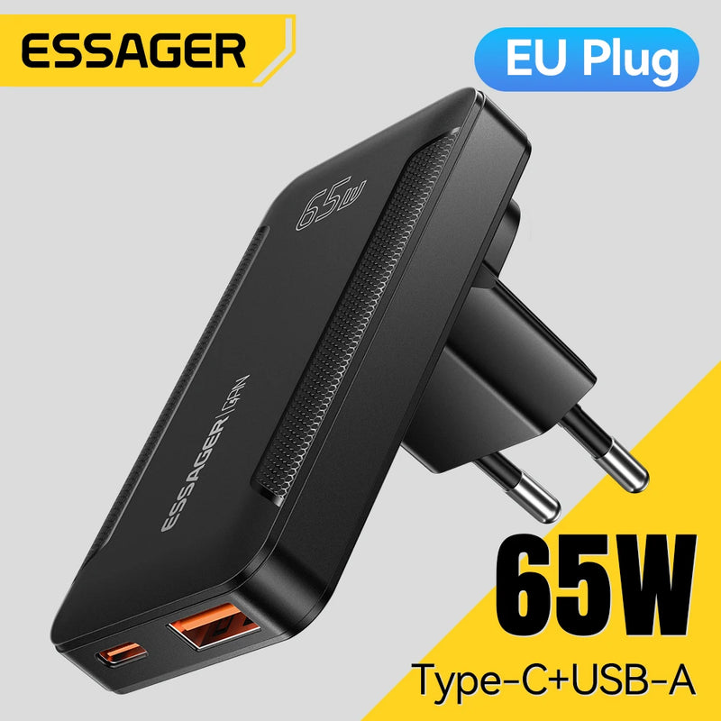 ឆ្នាំងសាក Essager Ultra Thin 65W GaN Pro Travel Charger Quick Charge 4.0 PD3.0 សាកថ្មចល័តប្រភេទ C សម្រាប់ iPhone Samsung Macbook Laptop