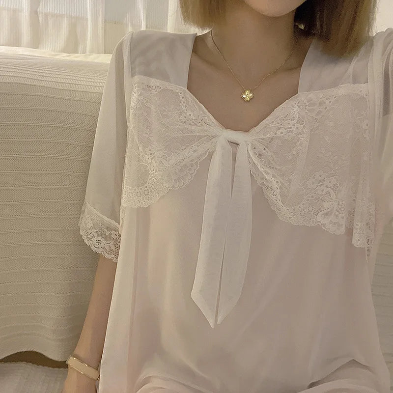 Summer Mesh Palace Nightgowns For Women With Butterfly Bow Night Dress Woman Loose Sleepwear Nightshirt Female Nightwear