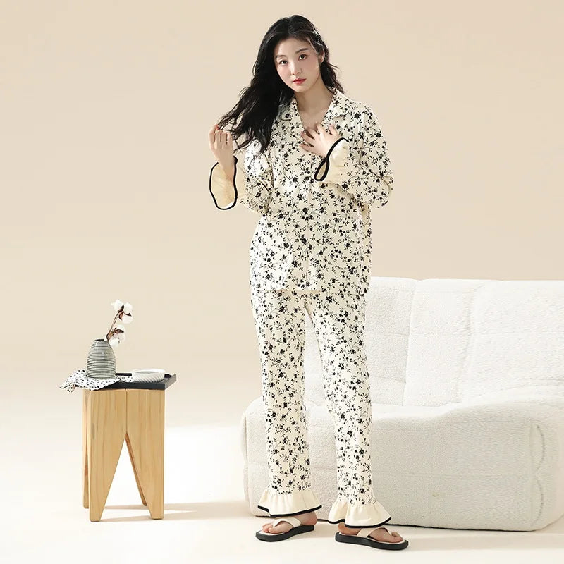 Fashion Printed Women's Pajamas 100% Cotton Long Sleeve Tops Pant Suit Lounge Spring Autumn Home Clothes Big Size Sleepwear