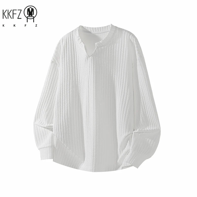 Male Trendy Vertical Weave Top Long Sleeve Notch Neck Irregular Hem Suitable For Dating Weekend Outings Street Scenes