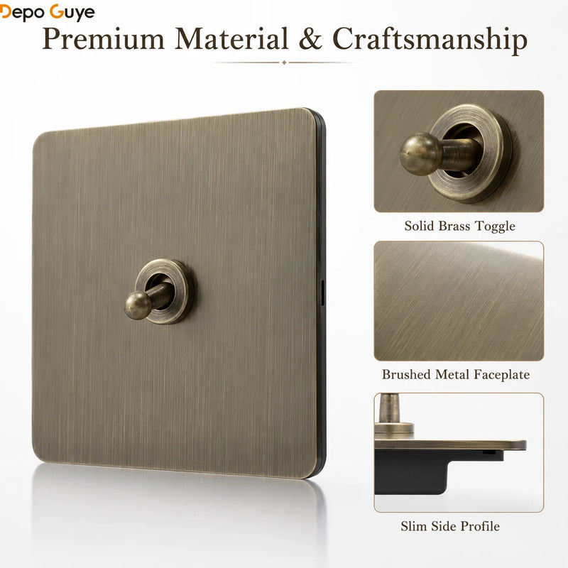 Retro Eu Metal Panel Wall Toggle Light Switch Socket,Bronzed Antique Stainless Steel German 16A Socket with USB Phone Charging