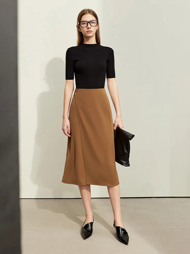 សំពត់ស្ត្រី AMII Minimalism ឆ្នាំ ២០២៤ រដូវស្លឹកឈើជ្រុះថ្មី Asymmetric Lap Piece A-line Solid Trendy Commuter Mid-Calf Skirt សម្រាប់ស្ត្រី 12421040
