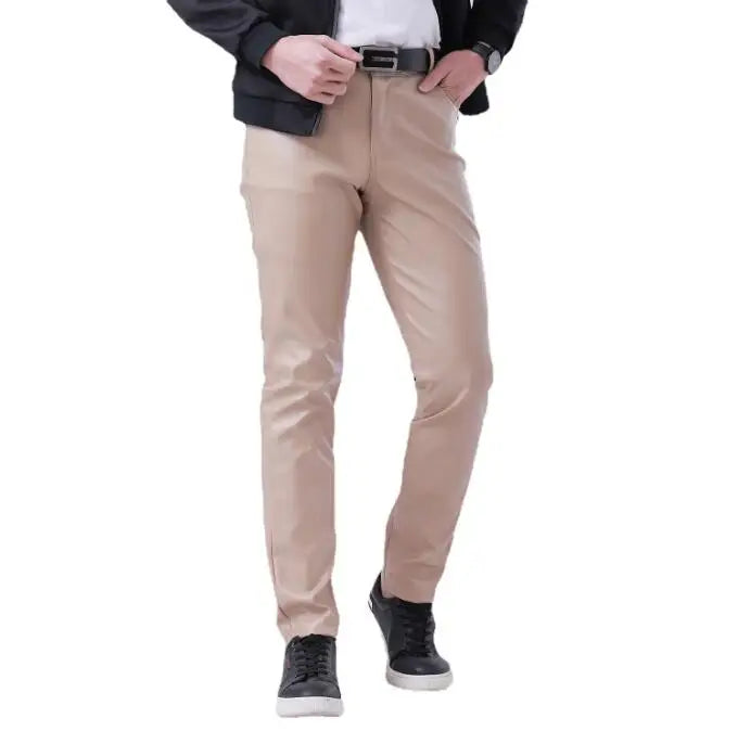 2026 Bright Green Men's Biker Leather Pants, Fashion Slim Stretch PU Pants Red Blue Black Gray Men Pant Plus Size 28-36 38 40