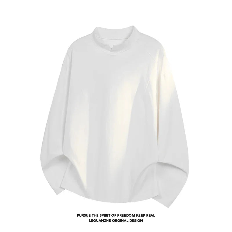 Mens Daily Wear Notched Mock Neck Long Sleeve Tee Solid Plain Fabric Loose Silhouette For Weekend Casual Gathering