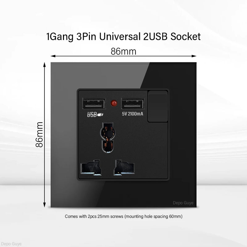 UK Black USB Type-C 18W Fast Charging Socket Universal Tempered Glass  Double 5-pin Power Plug,Home Electrical Wall Light Switch