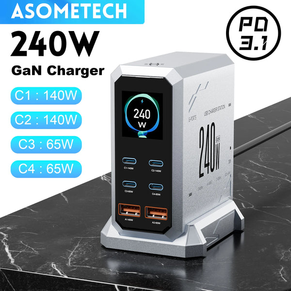 ឆ្នាំងសាក GaN ឌីជីថល 240W PD3.1 140W USB ប្រភេទ C 6 រន្ធ ស្ថានីយសាកថ្មលឿនសម្រាប់ iPhone Samsung Xiaomi MacBook កុំព្យូទ័រយួរដៃ
