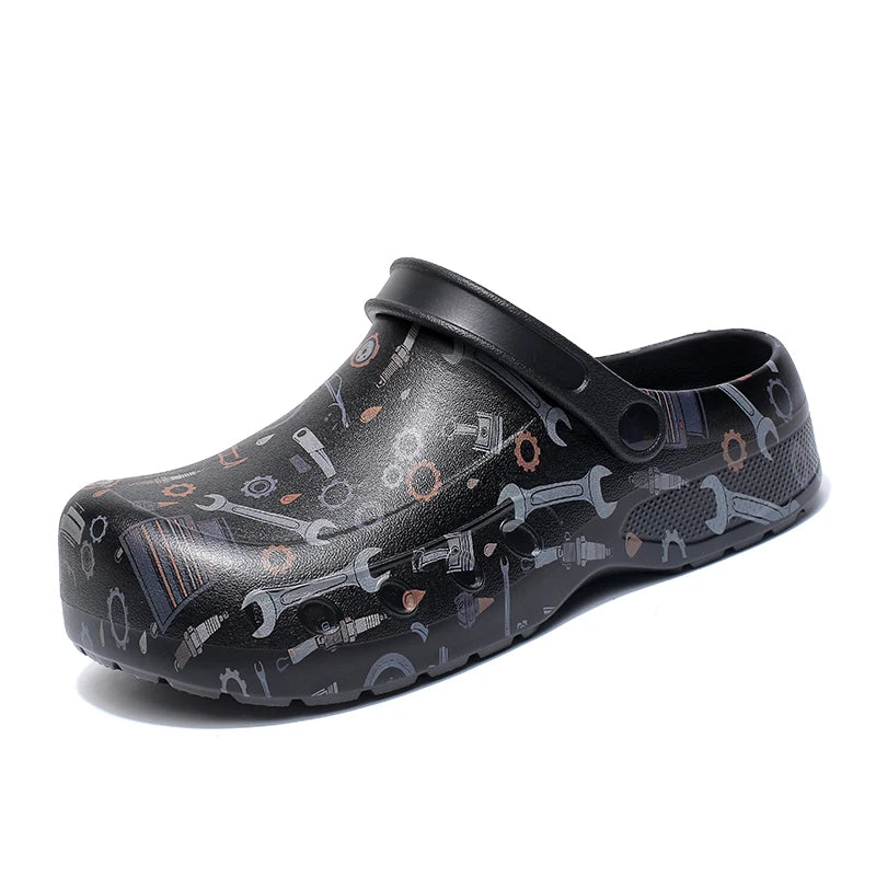 Men's Work Clogs with Tool Print, Anti-Slip Oilproof Chef Shoes, Comfortable EVA Closed Toe Shoes for Restaurant, Garage, Garden