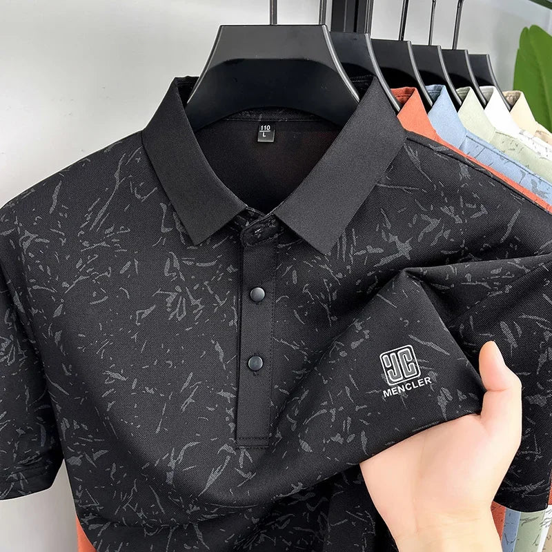 Business Casual Mens Splash Pattern Polo Short Sleeve Breath Mesh Short Vacation And Weekend Party Apparel