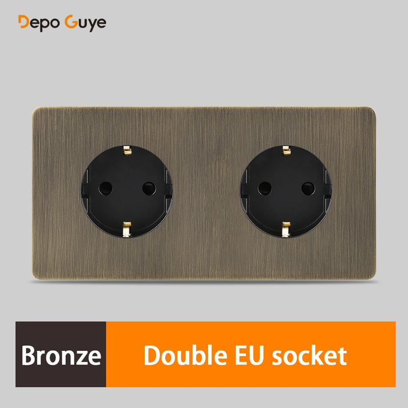 172 Type Retro Double EU French Metal Wall Power Socket Panel,Black/White Brushed Stainless Steel Antique Outlet Brass For Home