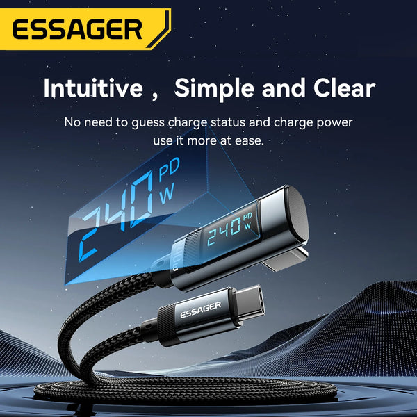 ខ្សែសាក Essager 240W USB Type C ទៅ USB C មុំ 90 ដឺក្រេ PD សាកលឿនសម្រាប់ iPad MacBook Pro Xiaomi Samsung Huawei