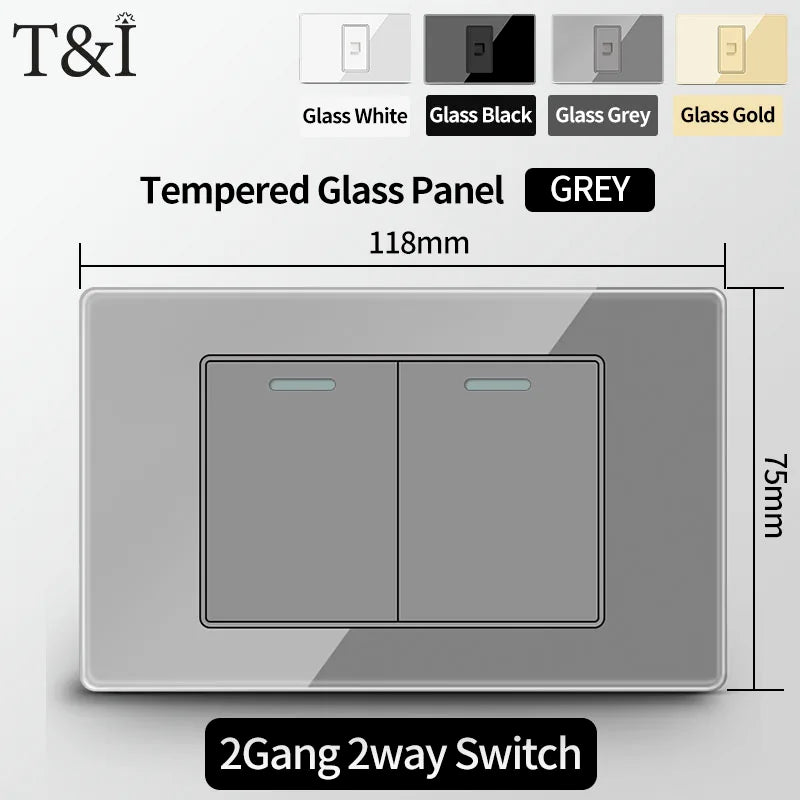 T&I Wall Switch Sockets With USB TypeC  Fast Charging, Italy Socket , Chile Schuko Outlet, Tempered Glass Panel for Home