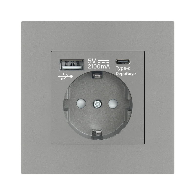 EU Standard Double USB Wall Power Socket,Electrical Socket Wall Plug with Type-c Usb Fast Charing Port 16A PC Panel Outlet 220V