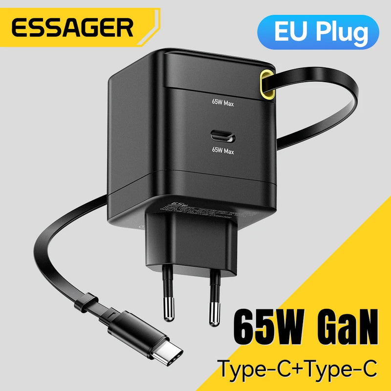 ឆ្នាំងសាក Essager 65W GaN ជាមួយខ្សែរ PD សាកថ្មលឿនសម្រាប់កុំព្យូទ័រយួរដៃ Macbook iPhone 16 15 14 Xiaomi Type-C ឆ្នាំងសាកទូរស័ព្ទ
