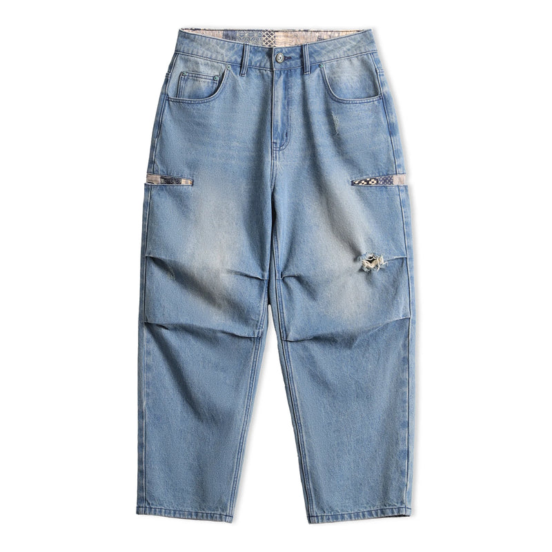 Maden Men‘s Vintage Boro Patchwork Parachute Jeans Ripped Distressed Wide Leg Denim Pants Loose Fit Heavyweight Casual Trousers