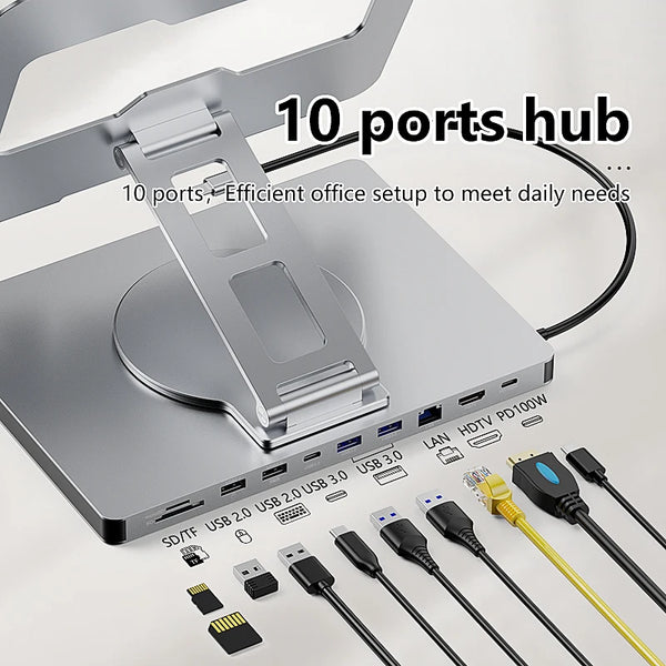 ឧបករណ៍ កាន់ iPad អាលុយមីញ៉ូម Blueendless 10 ក្នុង 1 Docking C Hub 4K 60Hz Type C Adapter USB3.0 5Gbps 100W PD Charger សម្រាប់កុំព្យូទ័រយួរដៃលើតុ