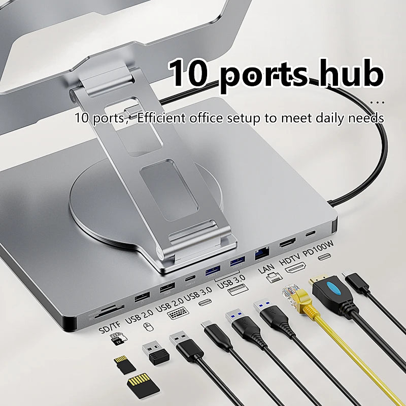 ឧបករណ៍ កាន់ iPad អាលុយមីញ៉ូម Blueendless 10 ក្នុង 1 Docking C Hub 4K 60Hz Type C Adapter USB3.0 5Gbps 100W PD Charger សម្រាប់កុំព្យូទ័រយួរដៃលើតុ