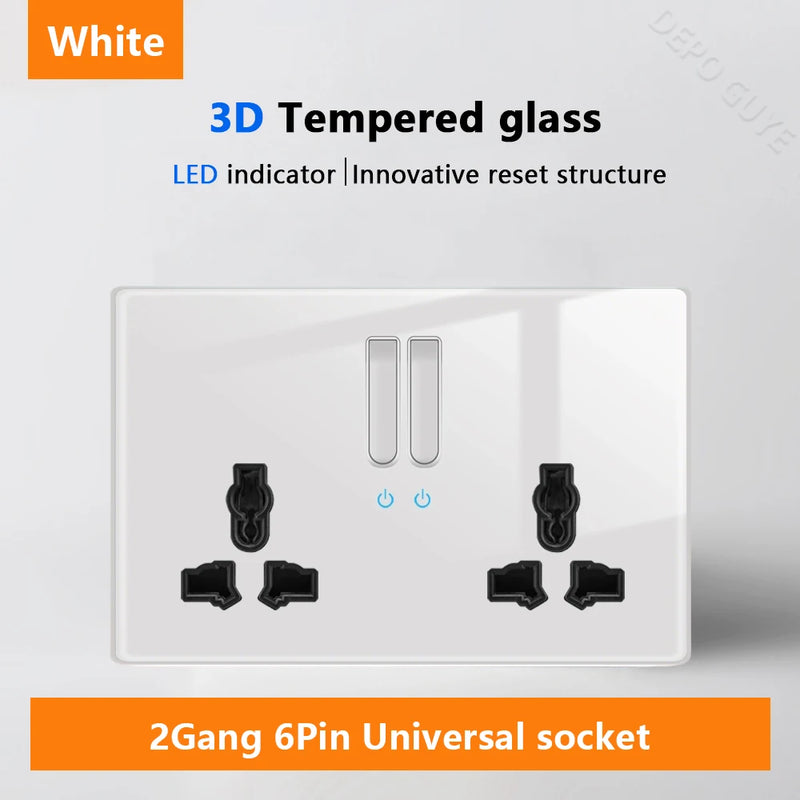 White LED indicator light switch Panel glass piano key Self-reset wall switch socket,UK Universal USB Type-C Electrical outlet