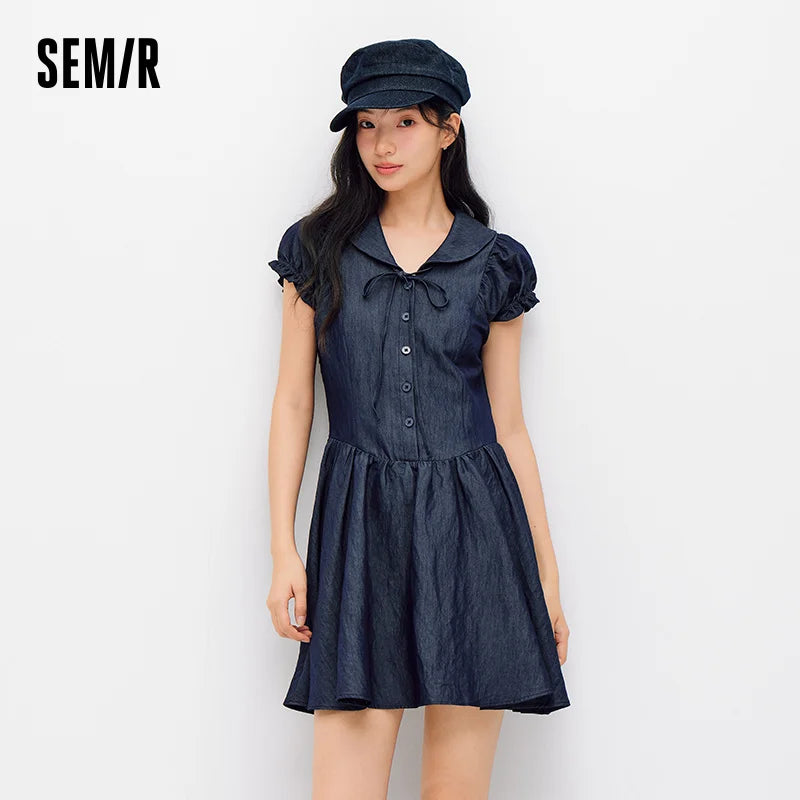 Semir Women Dress Sailor Collar Bow Lace Waist Cinching Slim Fit Sweet Stylish Mini 2026 Summer Fashion Casual Top