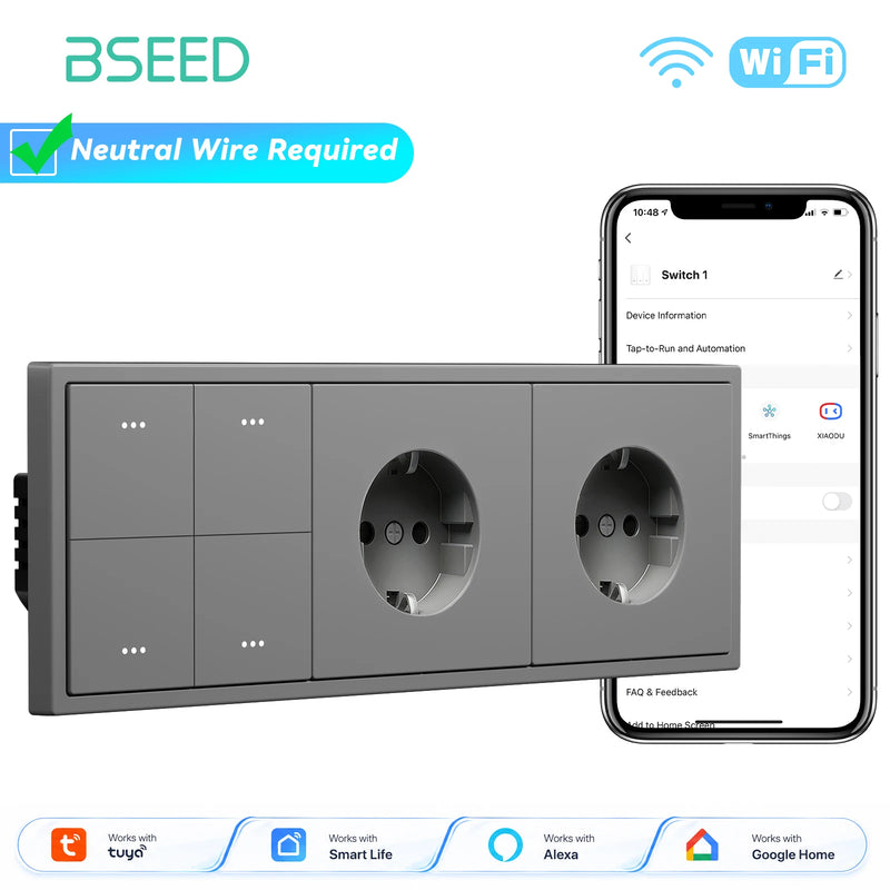 BSEED E Series 1/2/3/4Gang 2Way WIFI Light Switch Smart Click Button Switch Plastic With EU Power Socket Tuya Smart Life Control